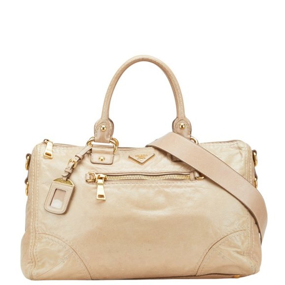 Prada Triangle Logo Plate Handbag/Shoulder Bag, 2-Way, Beige Leather, Women's... - Picture 1 of 15